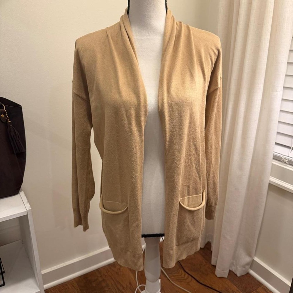 Cyrus Womens Tan Camel Open Front Shawl Collar Cardigan Sweater Size Small
